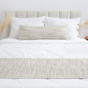 Beige Boho Bed Runner Set Striped Neutral Bed Runner Long Lumbar Pillow Cover Woven Soft Textured Fabric All Sizes image 2