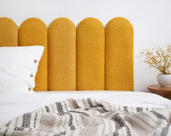 Mustard Linen Headboard Panel • Upholstered Soft Wall Panel • King • Queen • Twin • Full Size • Rectangular or Round Shape •• All Bed Sizes