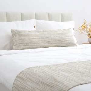 Beige Boho Bed Runner Set Striped Neutral Bed Runner Long Lumbar Pillow Cover Woven Soft Textured Fabric All Sizes image 1