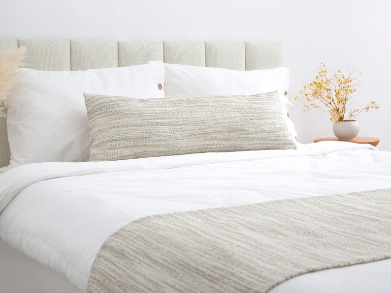 Beige Boho Bed Runner Set Striped Neutral Bed Runner Long Lumbar Pillow Cover Woven Soft Textured Fabric All Sizes image 1