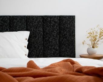 Black Boho Wall Panel • Upholstered Soft Headboard Panel • Black Woven Linen Fabric • Rectangular or Round Shape •• All Bed Sizes