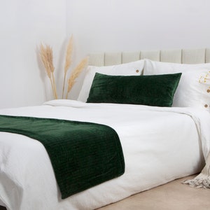 Green Bed Runner Set Dark Green Bed Scarf and Long Lumbar Pillow Cover Green Bedding Textured Thick Soft Fabric All Sizes image 2