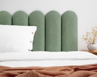 Groen linnen hoofdeinde • Gestoffeerd zacht wandpaneel • Groen Boho slaapkamerdecor • King • Queen • Twin • Eenvoudige installatie •• Alle bedmaten