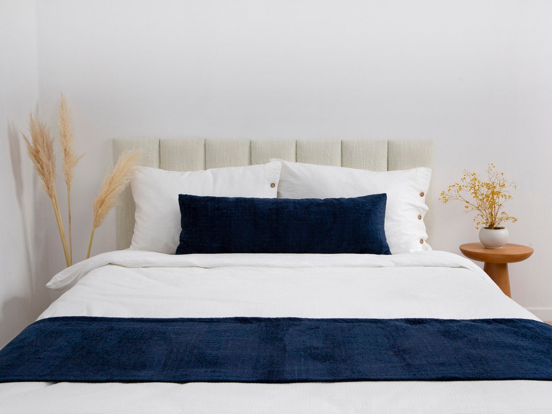 Navy Bed Scarf Set Navy Blue Bed Runner and Long Lumbar Pillow Cover