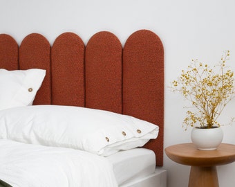 Terracotta Red Boucle Wall Panel • Textured Upholstered Soft Panel • Boho Headboard Panel • Rectangular or Round Shape •• All Bed Sizes