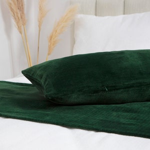 Green Bed Runner Set Dark Green Bed Scarf and Long Lumbar Pillow Cover Green Bedding Textured Thick Soft Fabric All Sizes image 4