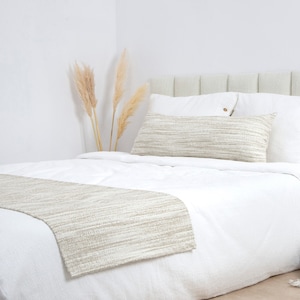 Beige Boho Bed Runner Set Striped Neutral Bed Runner Long Lumbar Pillow Cover Woven Soft Textured Fabric All Sizes image 5