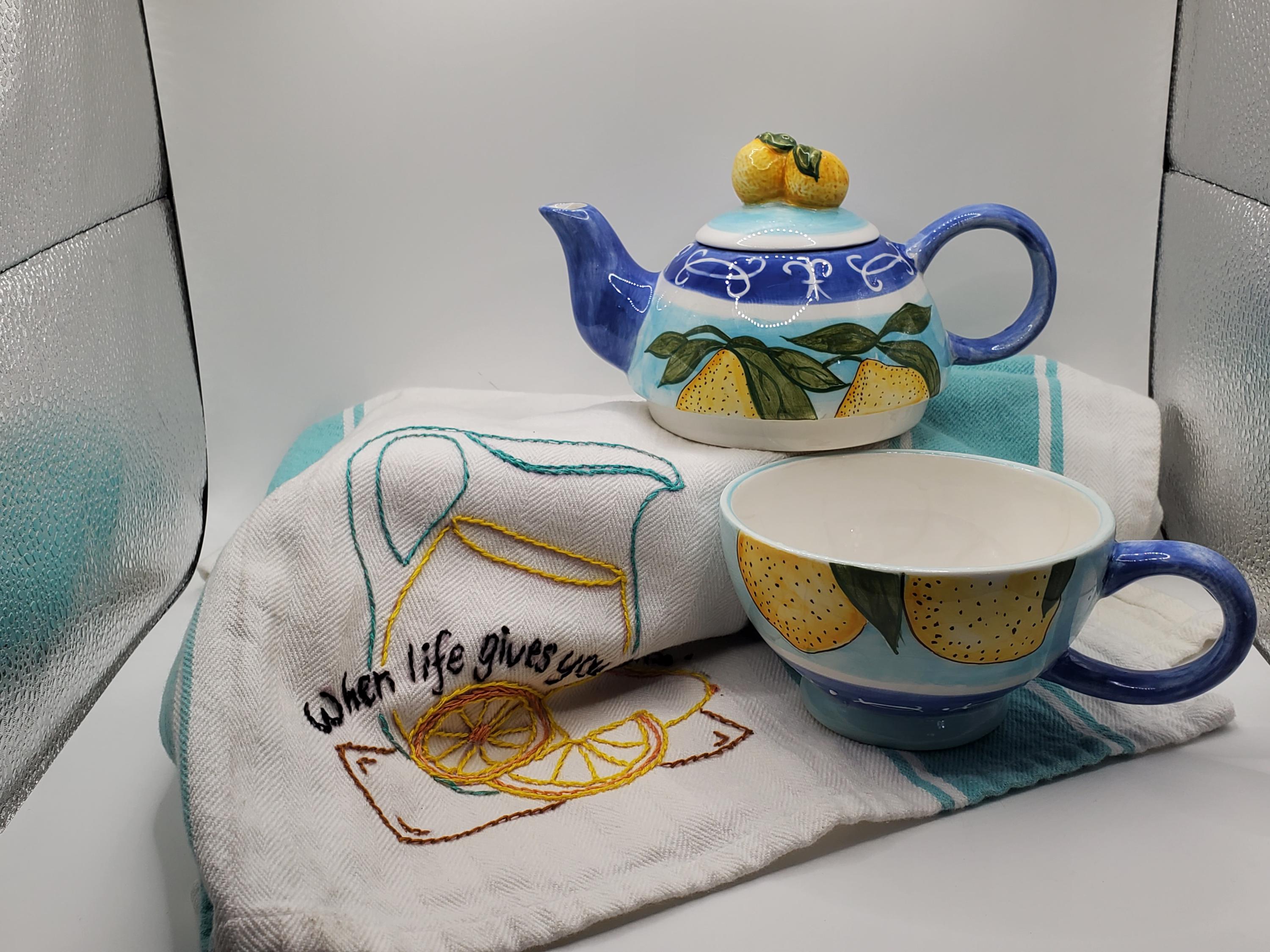 Zrike 3 Piece Teapot Blue White Lemons Vintage 80s - Etsy