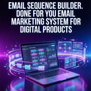 Könnte beinhalten: Ein Laptop-Bildschirm zeigt eine E-Mail-Marketing-Oberfläche mit Diagrammen. Der Text auf dem Bildschirm lautet "Email Sequence Builder. Done For You Email Marketing System For Digital Products."