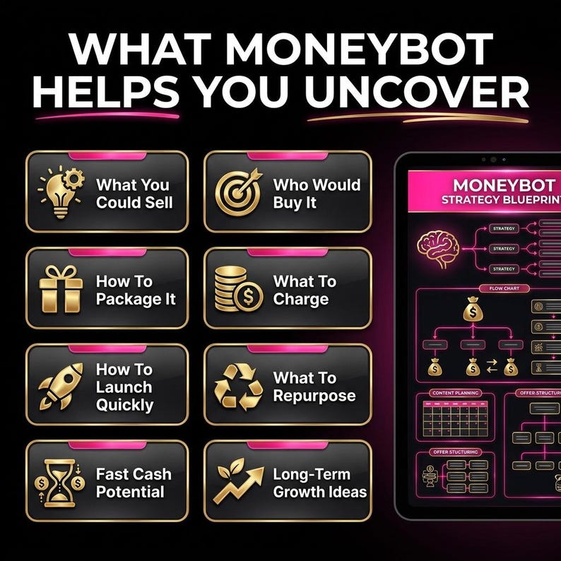 May include: A digital marketing graphic with the text "WHAT MONEYBOT HELPS YOU UNCOVER." It features gold icons and text boxes with phrases like "What You Could Sell" and "Who Would Buy It." A tablet displays a "MONEYBOT STRATEGY BLUEPRINT."