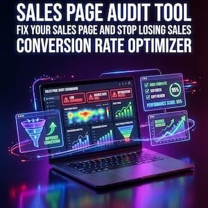May include: A laptop displaying a sales page audit dashboard with data visualizations. The screen shows conversion analytics, performance metrics, and sales funnel optimization. Text includes "Sales Page Audit Tool" and "Conversion Rate Optimizer."