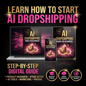 May include: An advertisement for an AI dropshipping digital guide, displayed on a laptop, tablet, and smartphone. The guide's title is in gold and pink, with icons indicating it's beginner-friendly and available for digital download.