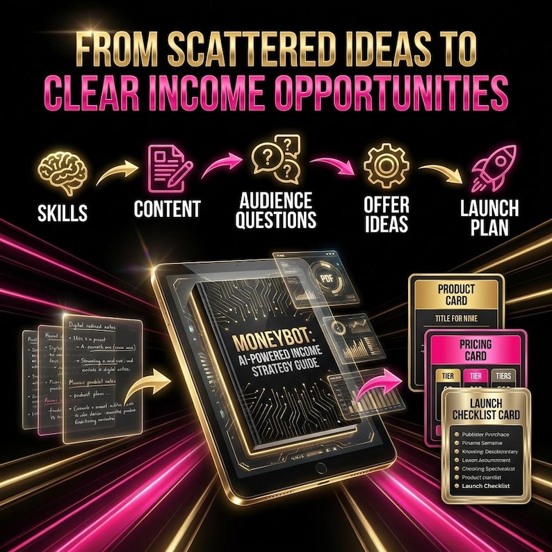May include: Graphic with the text "FROM SCATTERED IDEAS TO CLEAR INCOME OPPORTUNITIES." The image shows a tablet with the text "MONEYBOT: AI-POWERED INCOME STRATEGY GUIDE." There are also cards labeled "PRODUCT CARD," "PRICING CARD," and "LAUNCH CHECKLIST CARD."
