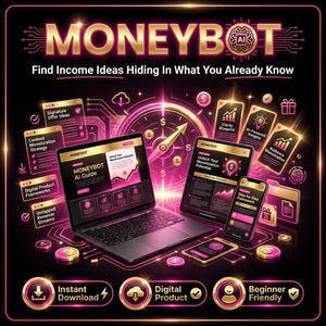 May include: A digital marketing graphic with the text "MONEYBOT" in gold. The image features a laptop, tablet, and smartphone displaying digital content, along with icons and text such as "Instant Download" and "Digital Product."