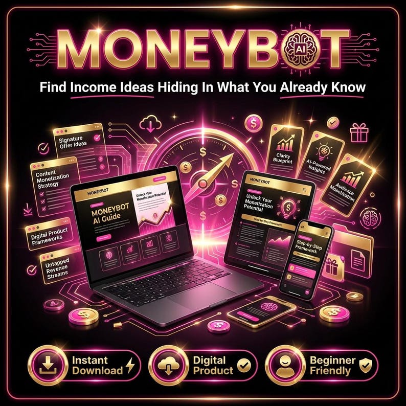 May include: A digital marketing graphic with the text "MONEYBOT" in gold. The image features a laptop, tablet, and smartphone displaying digital content, along with icons and text such as "Instant Download" and "Digital Product."
