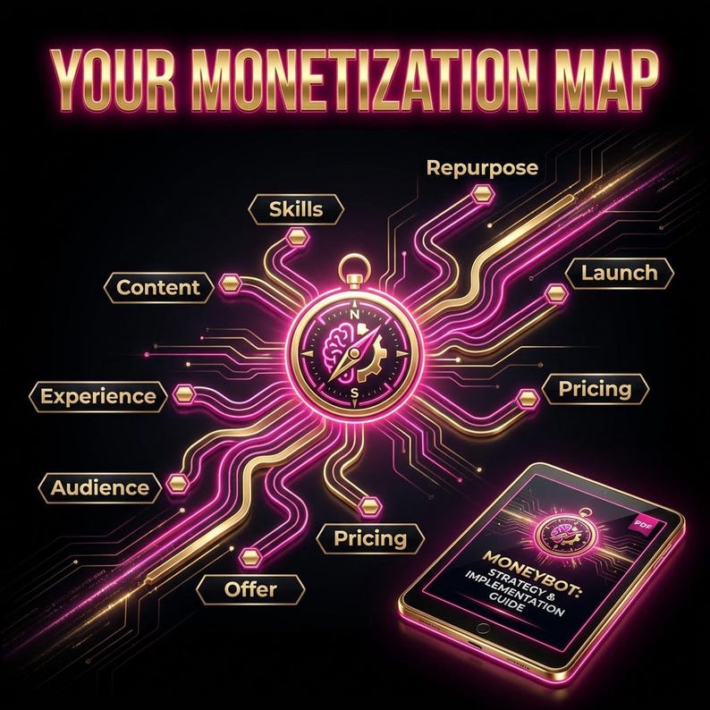May include: A digital graphic titled "YOUR MONETIZATION MAP" with a compass design at the center. The compass is connected by lines to various business concepts like "Content" and "Pricing." A tablet displays "MONEYBOT: STRATEGY & IMPLEMENTATION GUIDE."
