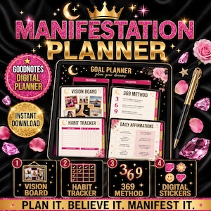 Può includere: Un pianificatore di manifestazione digitale su uno schermo di tablet, con sezioni per vision board, metodo 369, tracker delle abitudini e affermazioni quotidiane, decorato con testo glitterato rosa, accenti dorati, petali e cristalli.