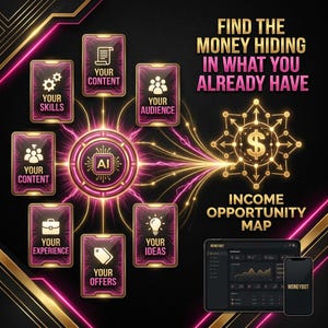 May include: A graphic with a black background and gold and pink accents. The text reads "Find the money hiding in what you already have." The image includes icons representing skills, content, audience, experience, offers, and ideas. A tablet and smartphone display the "Moneybot" interface.