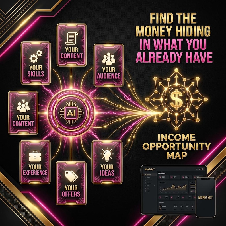 May include: A graphic with a black background and gold and pink accents. The text reads "Find the money hiding in what you already have." The image includes icons representing skills, content, audience, experience, offers, and ideas. A tablet and smartphone display the "Moneybot" interface.