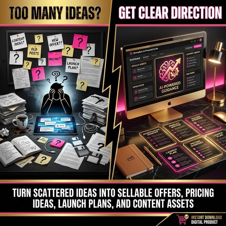 May include: An image with the text "TOO MANY IDEAS?" and "GET CLEAR DIRECTION." The image contrasts a cluttered desk with a person overwhelmed by ideas with a clean desk featuring a computer screen and cards. The text reads "TURN SCATTERED IDEAS INTO SELLABLE OFFERS, PRICING IDEAS, LAUNCH PLANS, AND CONTENT ASSETS."
