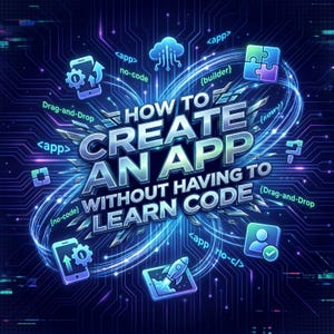 May include: A digital graphic with the text "HOW TO CREATE AN APP WITHOUT HAVING TO LEARN CODE." The design features app-related icons, including a phone with gears, a cloud, and a puzzle piece, all set against a blue circuit board background.