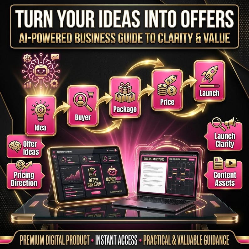 May include: A digital marketing graphic with the text "TURN YOUR IDEAS INTO OFFERS" and "AI-POWERED BUSINESS GUIDE TO CLARITY & VALUE." It features a flowchart with icons representing steps like "Idea," "Buyer," "Package," "Price," and "Launch." A tablet and laptop are also shown.