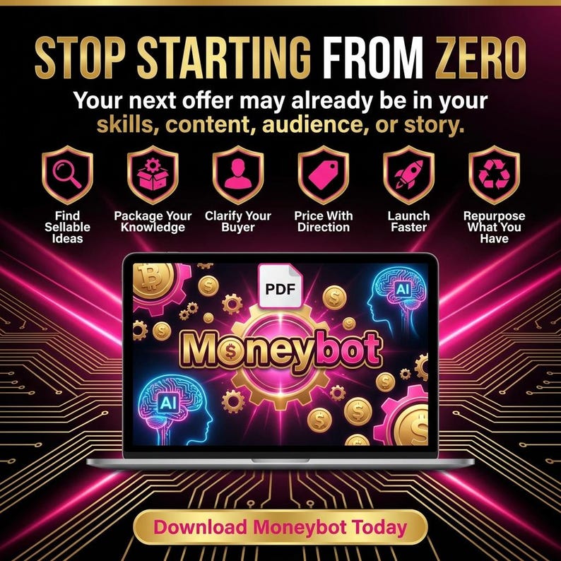 May include: A promotional graphic with the text "STOP STARTING FROM ZERO" and "Download Moneybot Today." The image features a laptop displaying the word "Moneybot" and icons representing business strategies. The color scheme is gold, pink, and black.