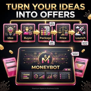 May include: A digital marketing graphic with the text "TURN YOUR IDEAS INTO OFFERS." It shows a step-by-step process from "Idea" to "Launch," with a tablet displaying "MONEYBOT." Additional cards show "Ideal Client Profile" and "Sales Funnel Steps."