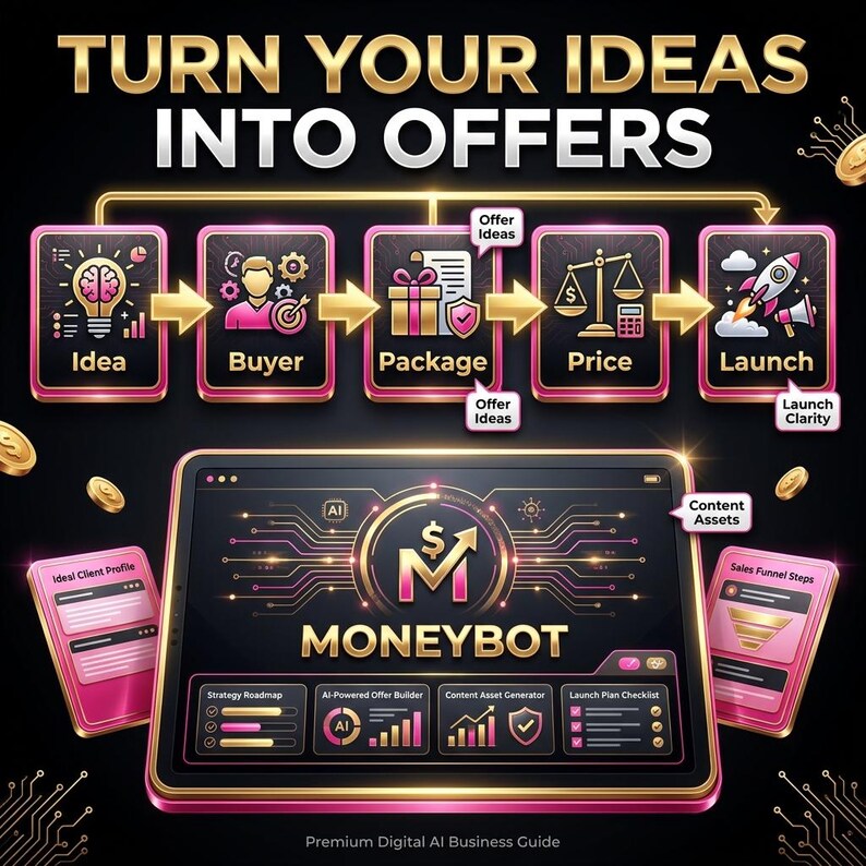 May include: A digital marketing graphic with the text "TURN YOUR IDEAS INTO OFFERS." It shows a step-by-step process from "Idea" to "Launch," with a tablet displaying "MONEYBOT." Additional cards show "Ideal Client Profile" and "Sales Funnel Steps."