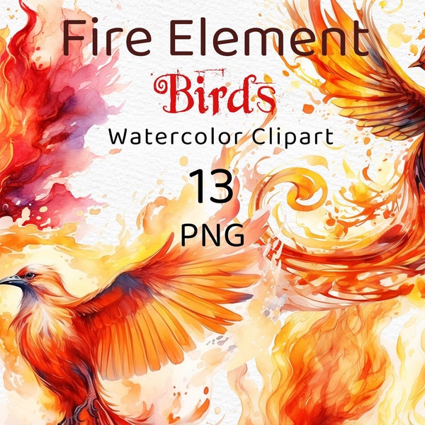 Fire Element Watercolor Flame Png Bird ClipArt Scrapbook Fire Element Mystical Fantasy Illustration Instant Download Junk Journal Watercolor