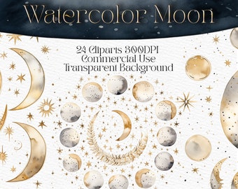 May include: A set of 24 watercolour moon and star clipart images. The images are in gold and grey tones and have a transparent background. The images are perfect for use in digital scrapbooking, card making, and other craft projects.