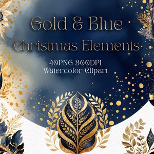 Luxe élégant décoration de Noël Clipart fleur bleue feuille de Noël Clipart or aquarelle Clipart Bundle vacances d’hiver bricolage Floral d’hiver