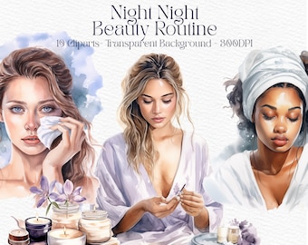 May include: Watercolor illustration titled "Night Night Beauty Routine" featuring three women, each engaged in a nighttime skincare ritual. The image includes candles, flowers, and skincare products, creating a serene and relaxing atmosphere.