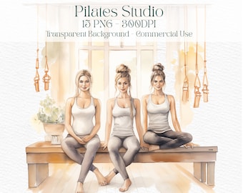 Watercolor Pilates Studio Clipart Bundle, Meditation Clip Art, Self Care PNG, Relaxation, Fitness Digital Download Stickers, Commercial Use