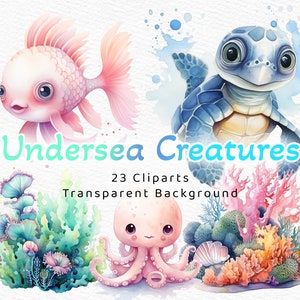 Unterwasser Aquarell Clipart Bundle niedlich Kinderzimmer Dekor Baby Wand Kunst Babyparty Oktopus, Wal, niedliche Ozean Tiere PNG Unter dem Meer Digital