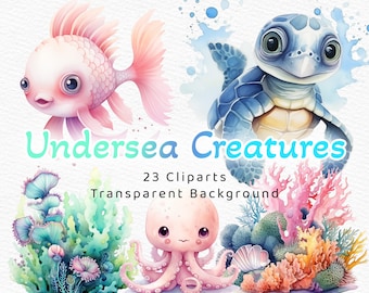 Bundle de cliparts aquarelle sous-marin mignon décoration de chambre d'enfant Art mural bébé Shower de bébé pieuvre, baleine, animaux océaniques mignons PNG sous la mer numérique