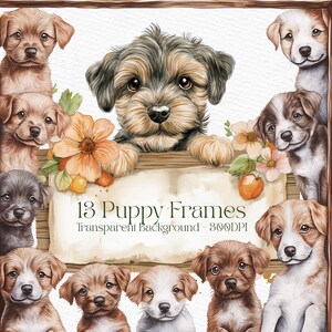May include: A set of 13 digital puppy frames with a watercolor style. The frames feature various breeds of puppies with a transparent background. The text "13 Puppy Frames Transparent Background - 300DPI" is included in the image.