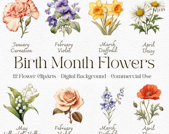 Birthflower Clipart Png, Artful Clip Art, birthmonth Florall Clipart Florale Birth Month Clipart Floral ScrapBook Sticker Flowers Bundle