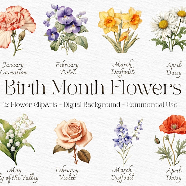 Birthflower Clipart Png, Artful Clip Art, birthmonth Florall Clipart Florale Birth Month Clipart Floral ScrapBook Sticker Flowers Bundle