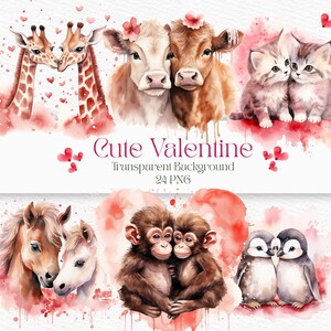 Watercolor Valentine&#39;s Day clipart, Love Watercolor baby animals, Cute Printable Animals on Valentines Day, Romantic clipart in Love Animal