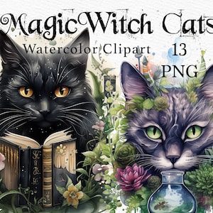 Puede incluir: Dos ilustraciones de acuarela de gatos negros con ojos verdes. Un gato está leyendo un libro y el otro sostiene una botella de poción. Ambos gatos están rodeados de exuberante vegetación verde y flores.