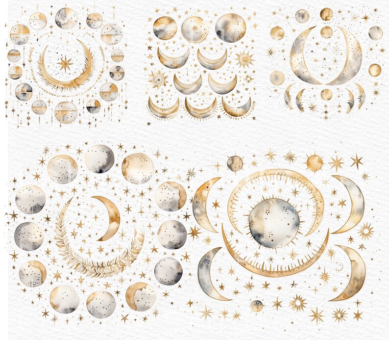 Watercolor Moon Clipart Celestial Clip Art Moon Phases Boho Wall Art ...