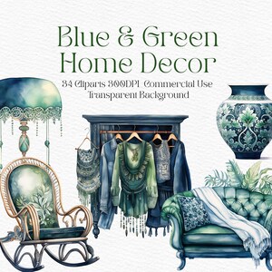 Acquerello Boho blu accogliente casa decorazione PNG Clipart Boho Clipart Kit Rustic House PNG Rustico accogliente Boho PNG File digitale stampabile