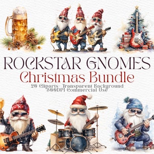 Acuarela Gnomos Rock n roll Divertido Clip Art ingenioso PNG Digital Navidad Rock Band Gnomos Clipart arte Rockstar Scrapbook Pegatina Clipart Paquete