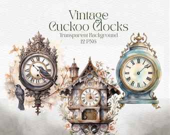 Vintage Cuckoo Clock Bundle Old Fashion Clip Art Antique PNG Grandpa Clock Digital Download For Scrapbook Journal Sticker Clock Watercolor