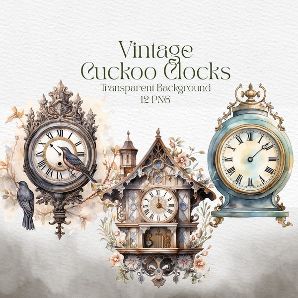 Vintage Cuckoo Clock Bundle Old Fashion Clip Art Antique PNG Grandpa Clock Digital Download For Scrapbook Journal Sticker Clock Watercolor