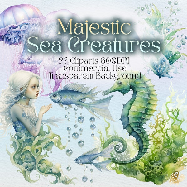 Majestic Undersea Creatures Clipart Bundle Illustration Digital Download Under Sea Mermaid Clipart Jellyfish Clipart Fish Scrapbook Sea PNG
