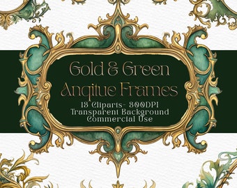 Gouden en groene frames clipart Victoriaanse tijdperk Rococo frames barokke vintage clip art graphics voor gewijzigde kunst ongewenste tijdschriften downloaden folio kit