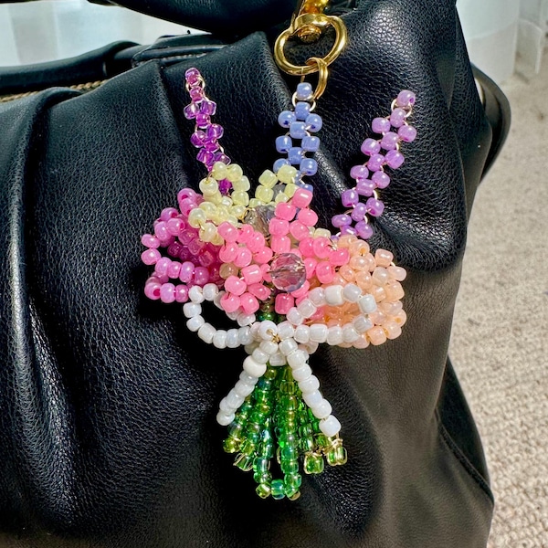 Beaded Flower Bouquet Bag Charm | Beaded Flowers | Handmade Pastel Flower Keychain | Cute Bead Keyring | Floral Purse Charm | Gift for Her