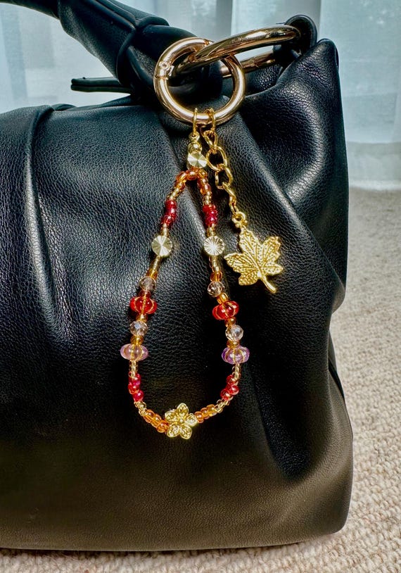 Autumn Fall Bag Charm: Beaded Keychain with Gold Leaf Charm